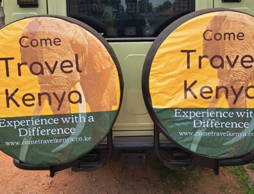 Come Travel Kenya Limited showing the back of the tourist vehicle with the company logo