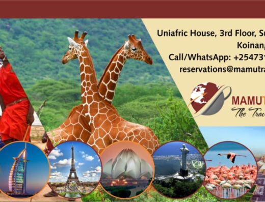 Mamu Travels and Safaris Kenya Limited showing its contact information, giraffes and different places to tour